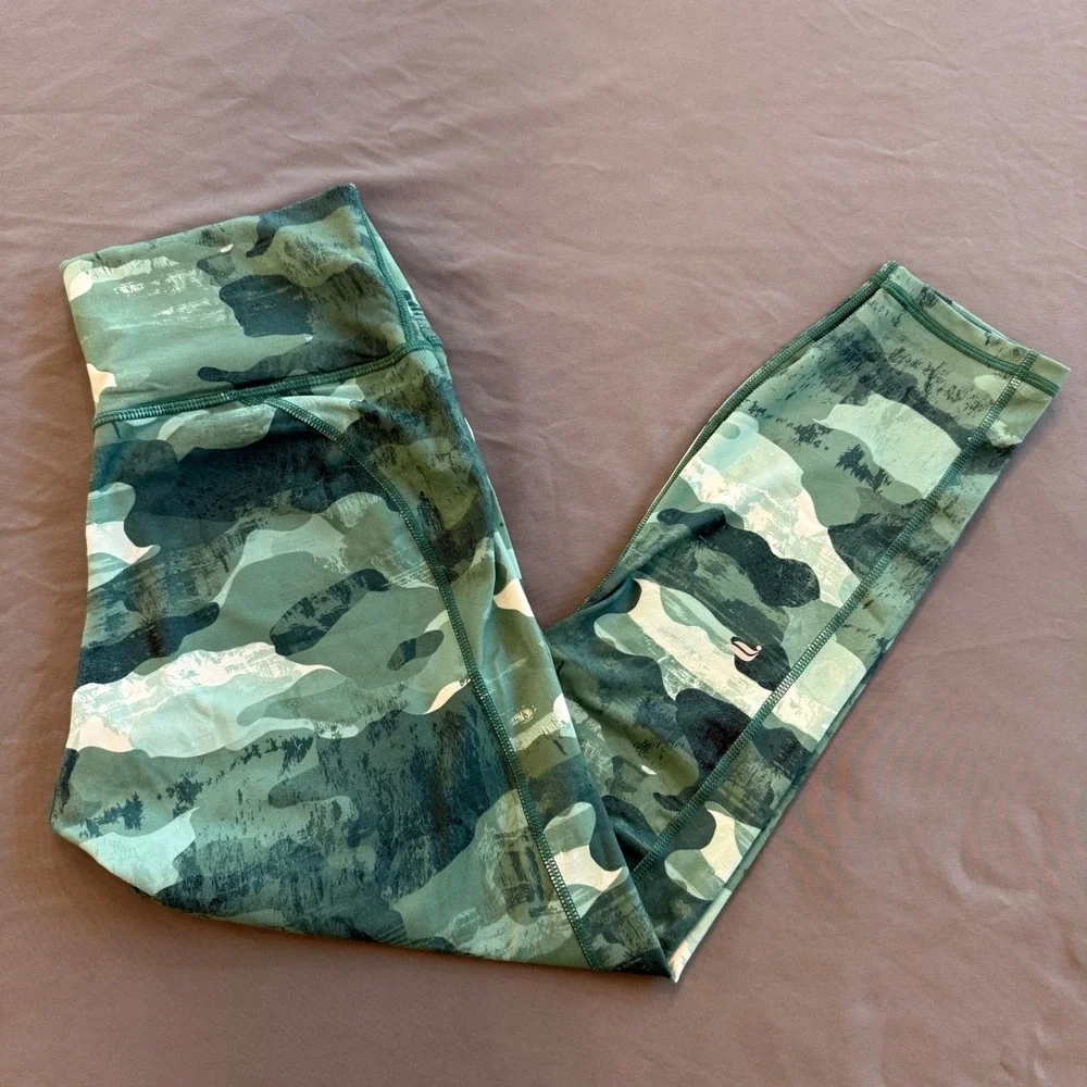 Fabletics PowerHold High Waisted Leggings Green Abstract Camo Compression Womens